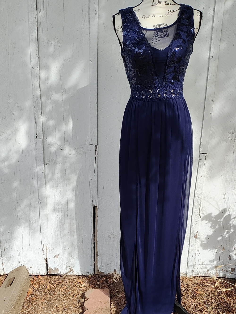 BCX Midnight Blue Sequin Lace Maxi Gown Prom Bridesmaid Wedding Evening Fancy